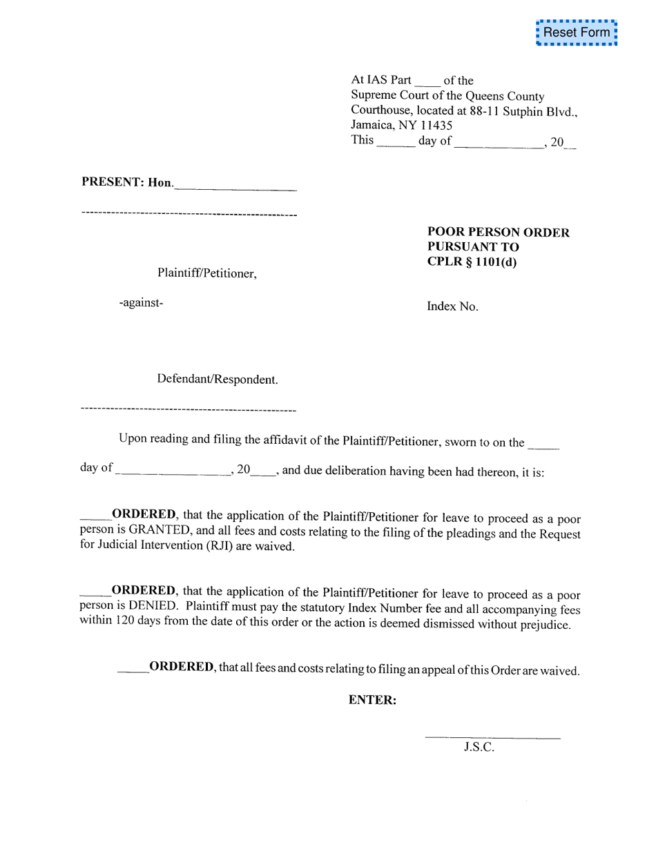 Poor Person Order Pursuant to Cplr 1101(D) - Queens County, New York, Page 1
