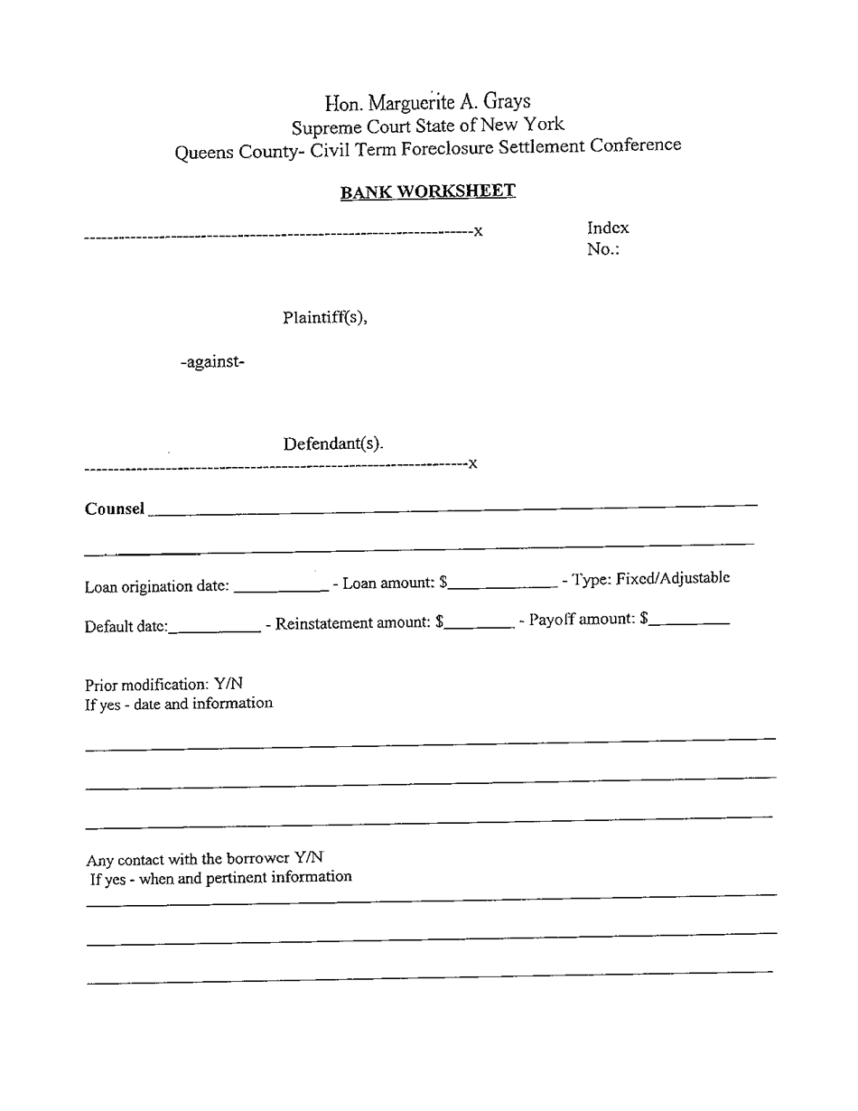 Bank Worksheet - Queens County, New York, Page 1