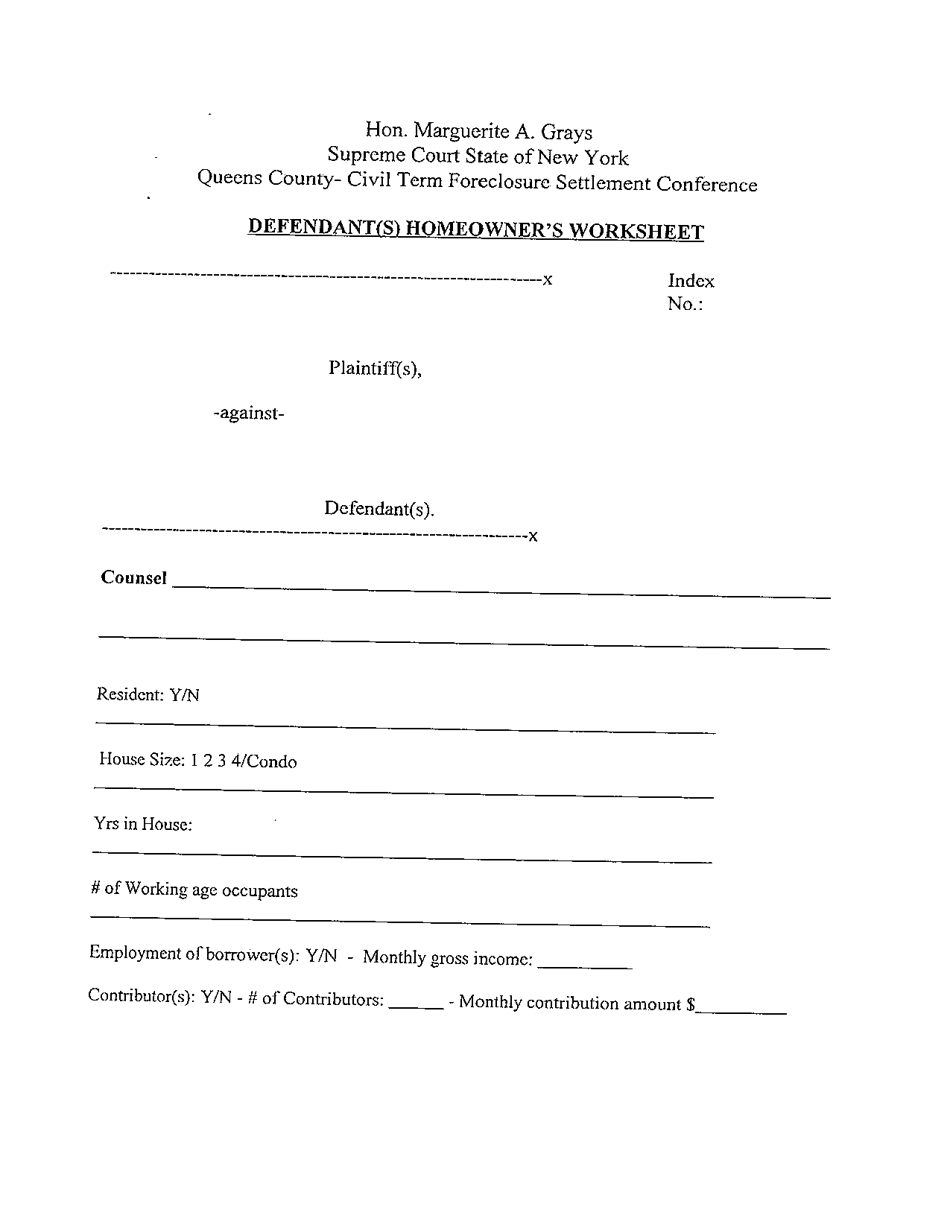 Defendant(S) Homeowners Worksheet - Queens County, New York, Page 1