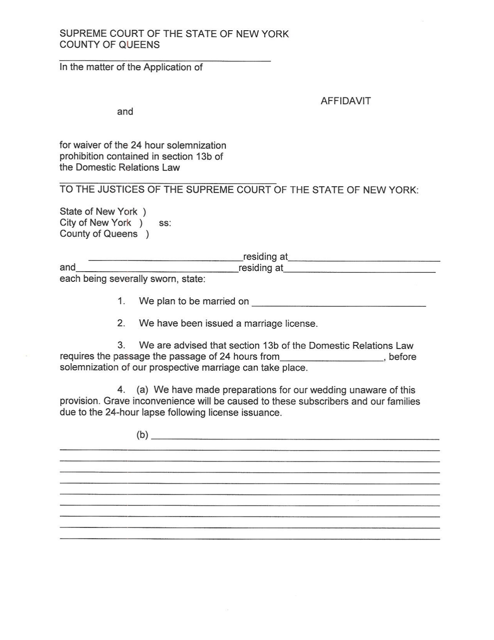 Marriage Waiver Affidavit - Queens County, New York
