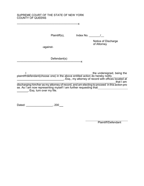 Notice of Discharge of Attorney - Queens County, New York