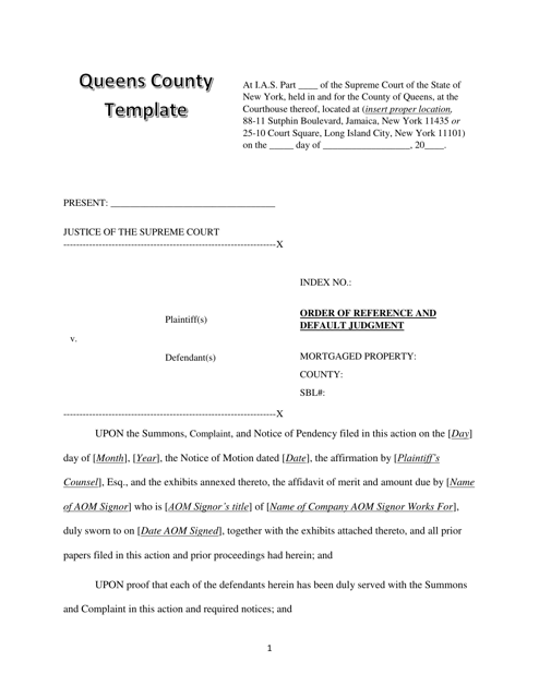 Order of Reference and Default Judgment Template - Queens County, New York