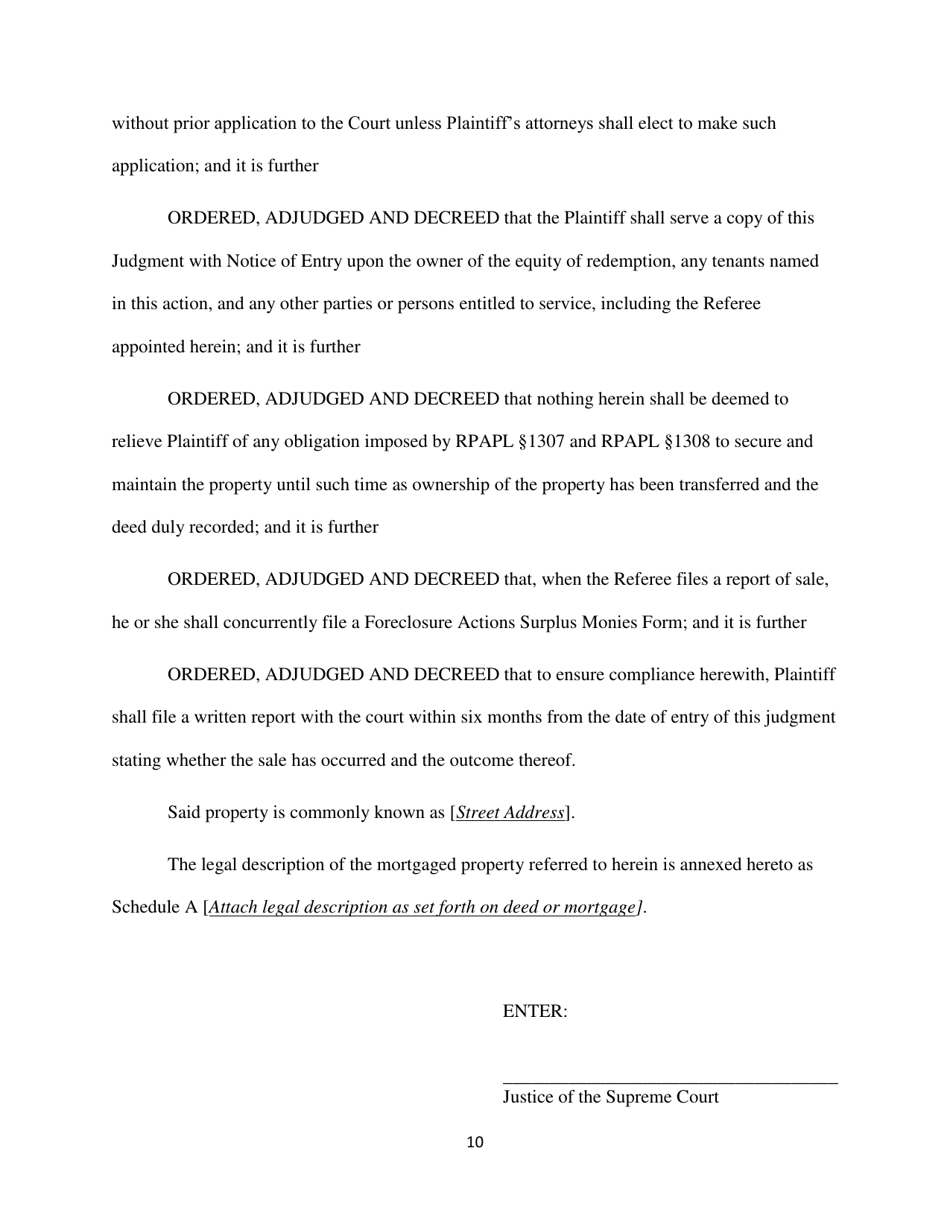 Order Confirming Referee Report and Judgment of Foreclosure and Sale Template - Queens County, New York, Page 10