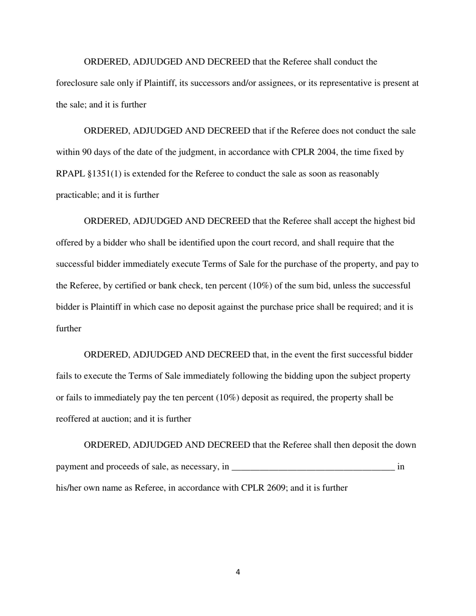 Order Confirming Referee Report and Judgment of Foreclosure and Sale Template - Queens County, New York, Page 4