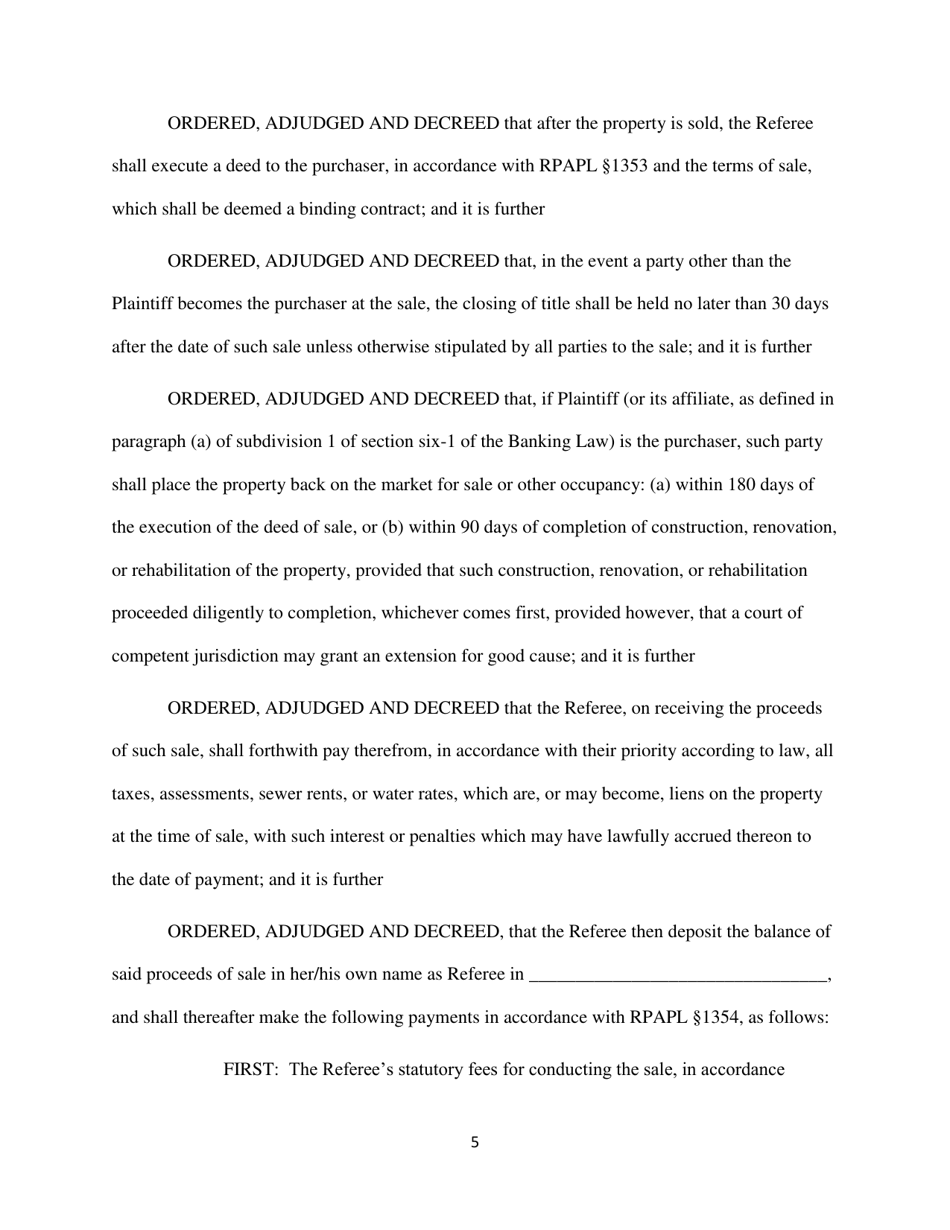 Order Confirming Referee Report and Judgment of Foreclosure and Sale Template - Queens County, New York, Page 5