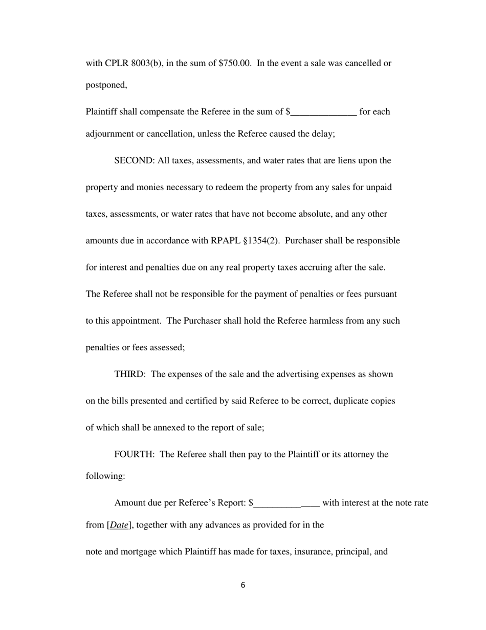 Order Confirming Referee Report and Judgment of Foreclosure and Sale Template - Queens County, New York, Page 6