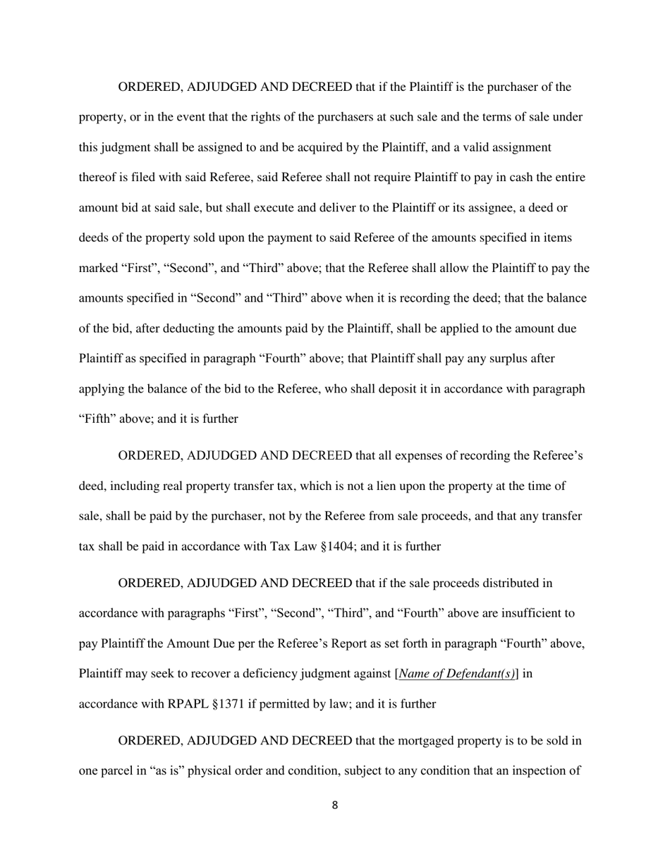 Order Confirming Referee Report and Judgment of Foreclosure and Sale Template - Queens County, New York, Page 8