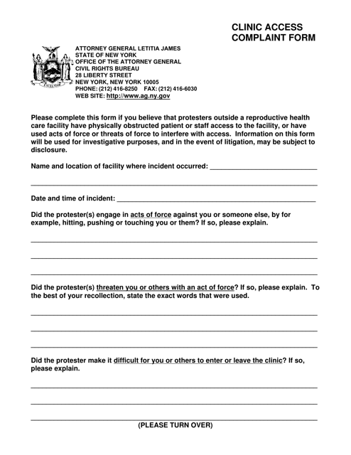 Form CRB003 Clinic Access Complaint Form - New York