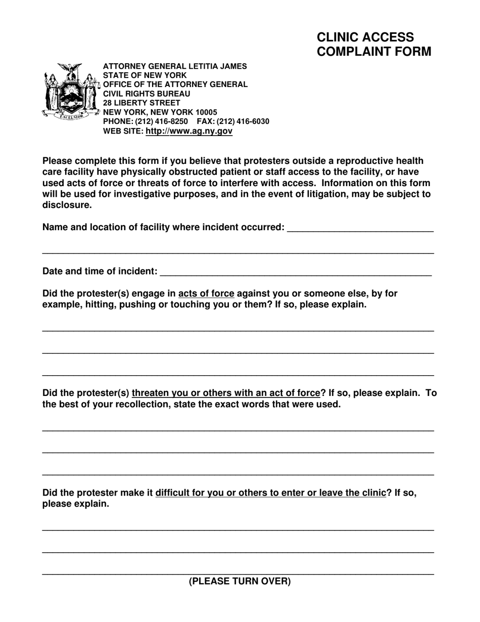 Form CRB003 Clinic Access Complaint Form - New York, Page 1