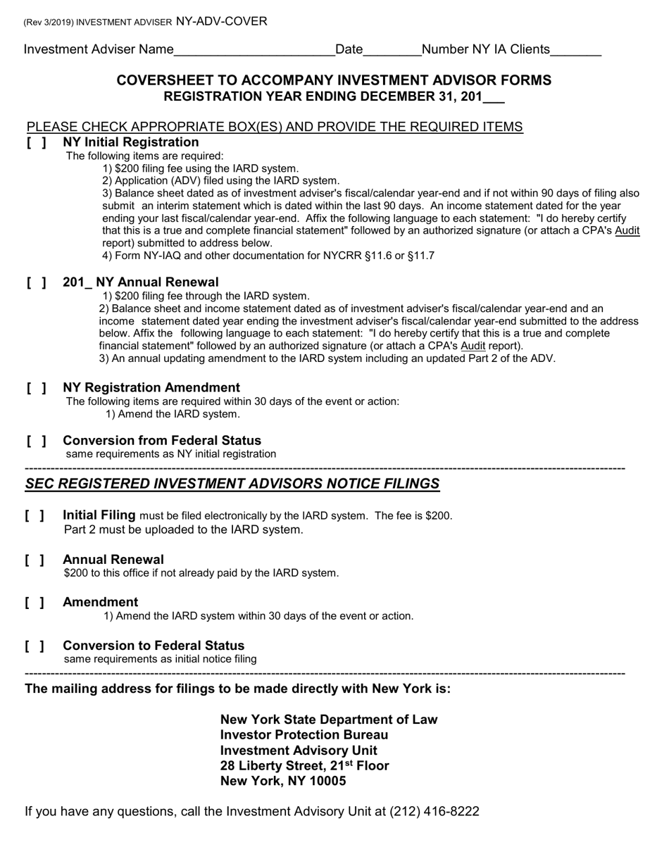 Coversheet to Accompany Investment Advisor Forms - New York, Page 1