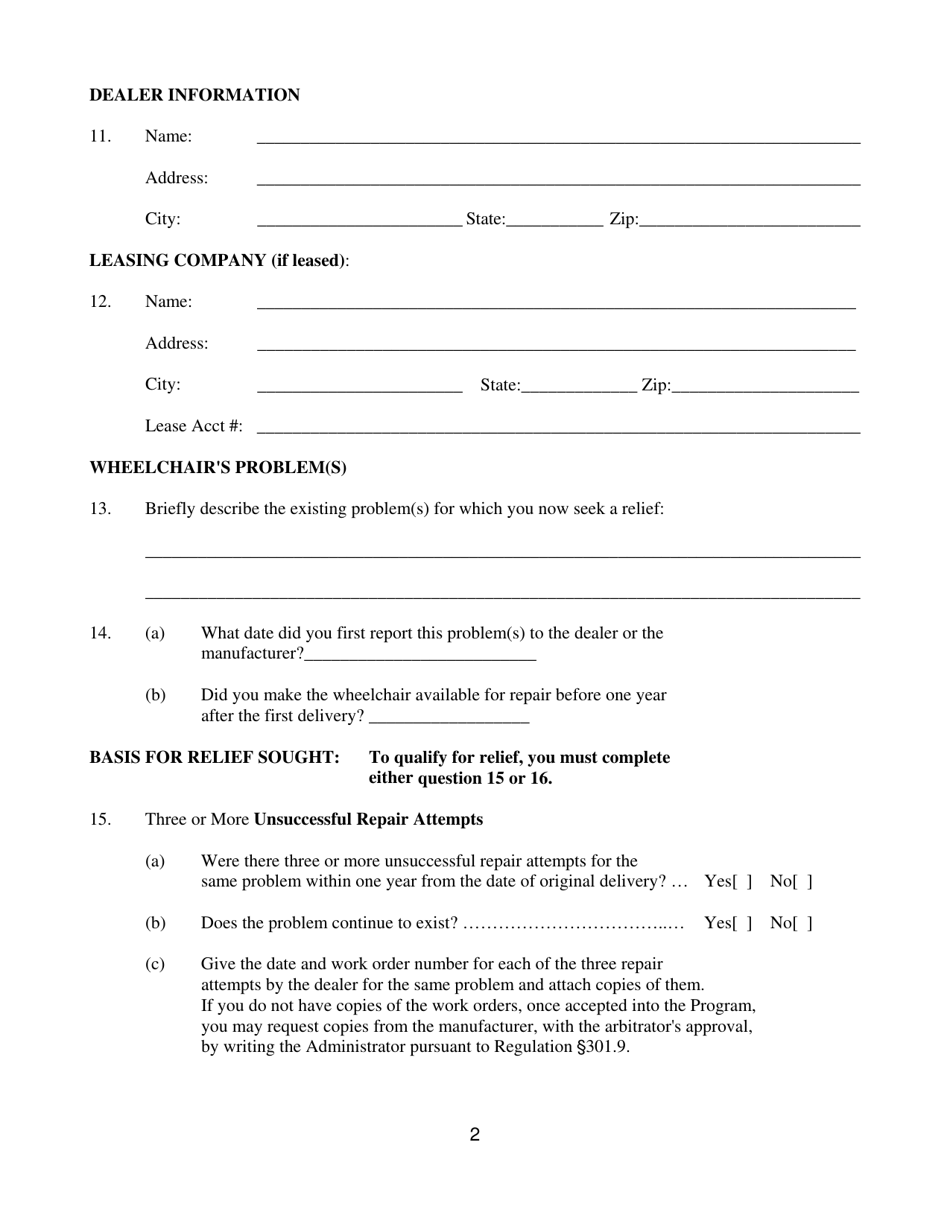 Form CFB009 New York Wheelchair Lemon Law Arbitration Program Request for Arbitration Form - New York, Page 3