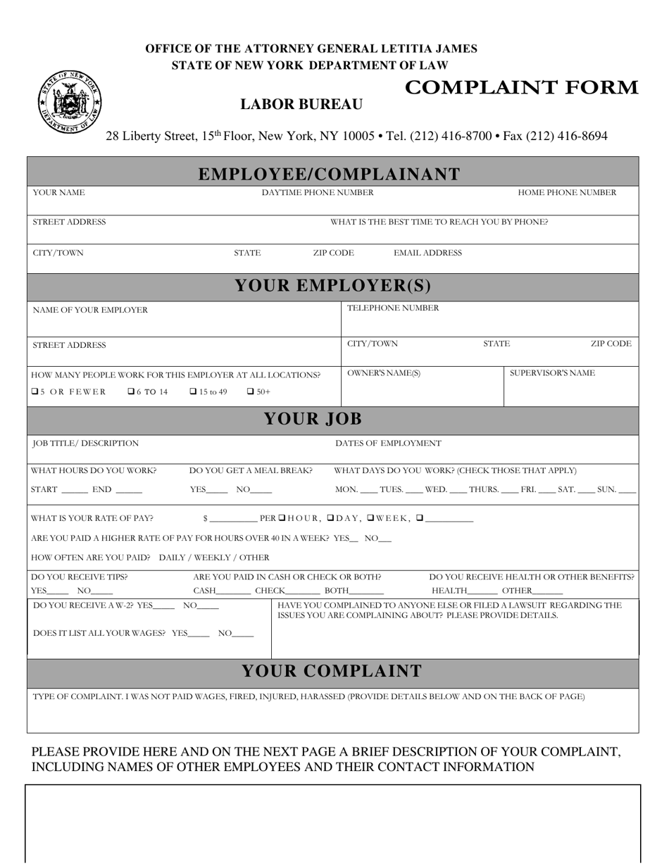 Form LB001 Labor Bureau Complaint Form - New York, Page 1