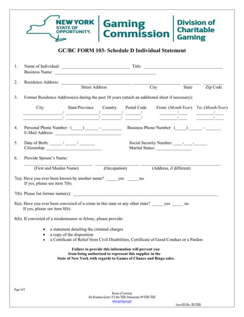Form 103 Schedule D  Printable Pdf