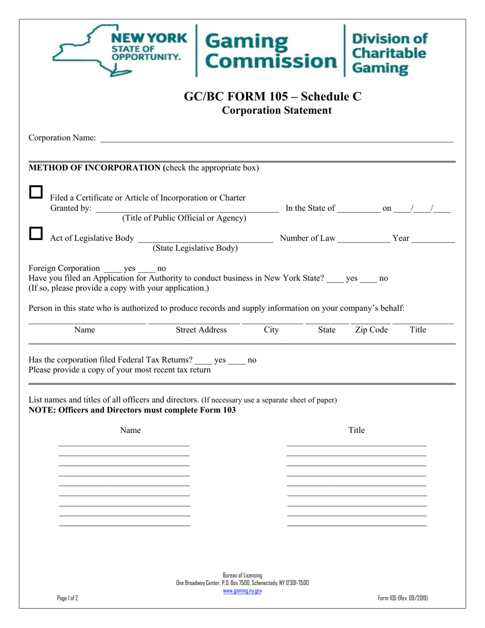 Form 105 Schedule Corporation Statement - New York, Page 1