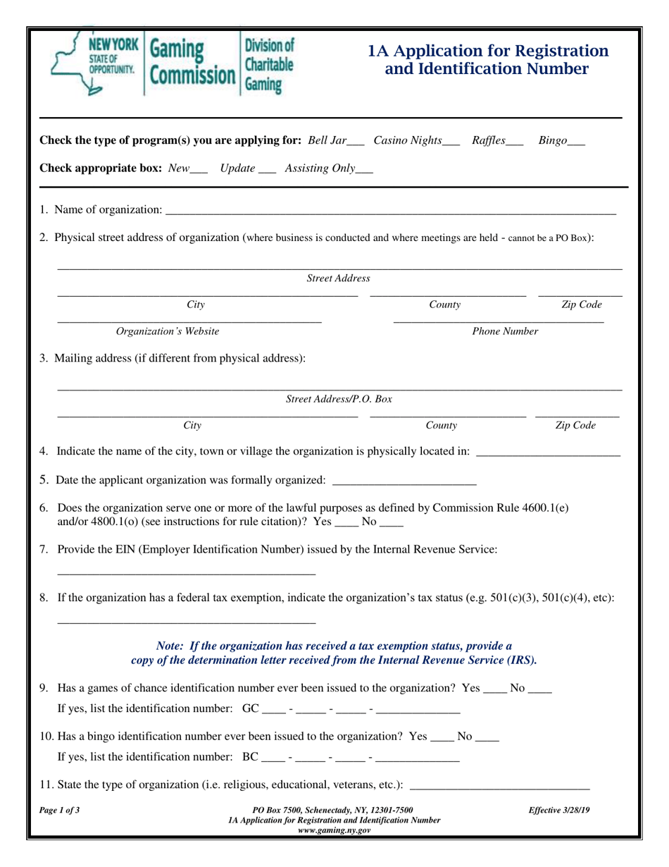 Form 1A Application for Registration and Identification Number - New York, Page 1