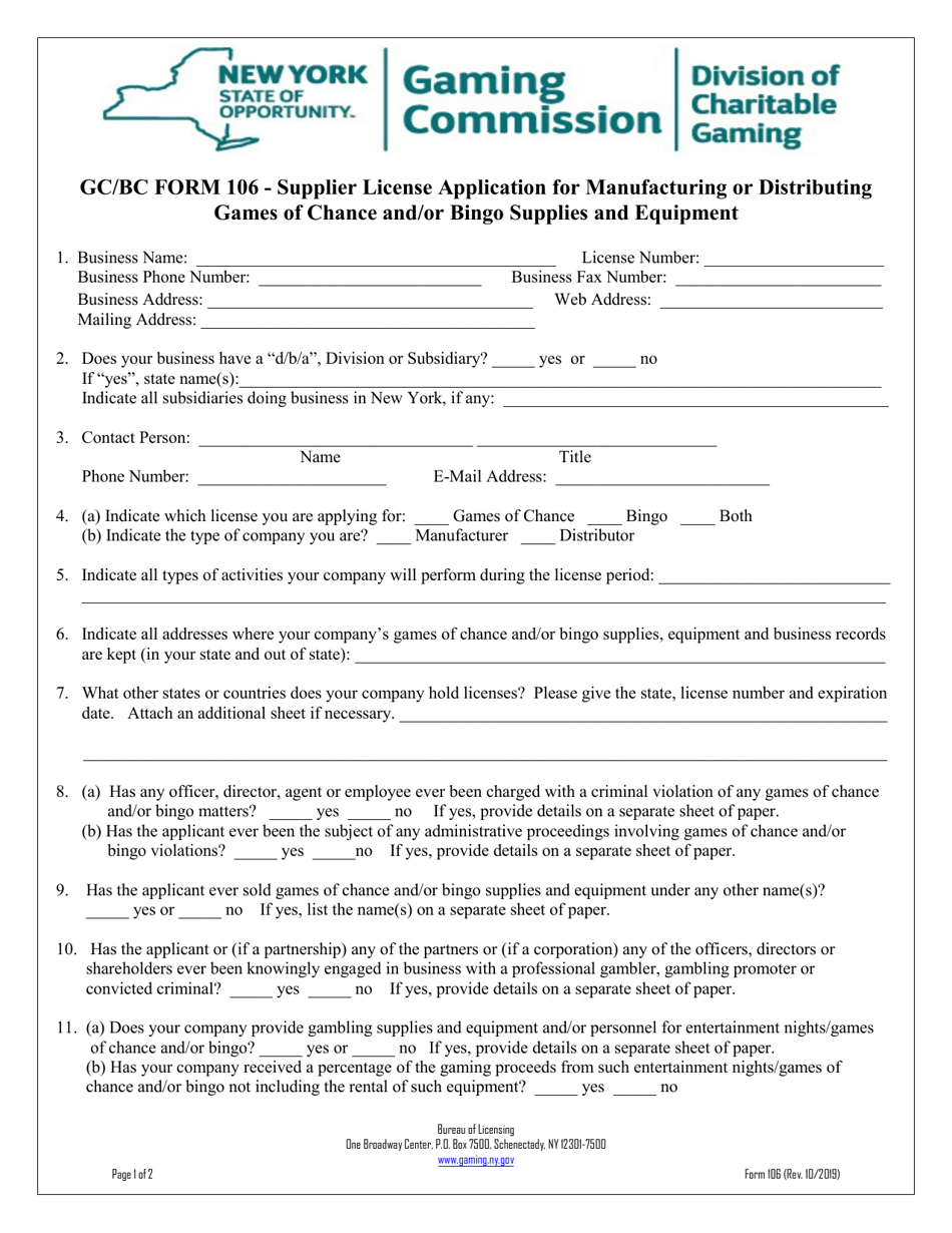 Form 106 Supplier License Application for Manufacturing or Distributing Games of Chance and / or Bingo Supplies and Equipment - New York, Page 1