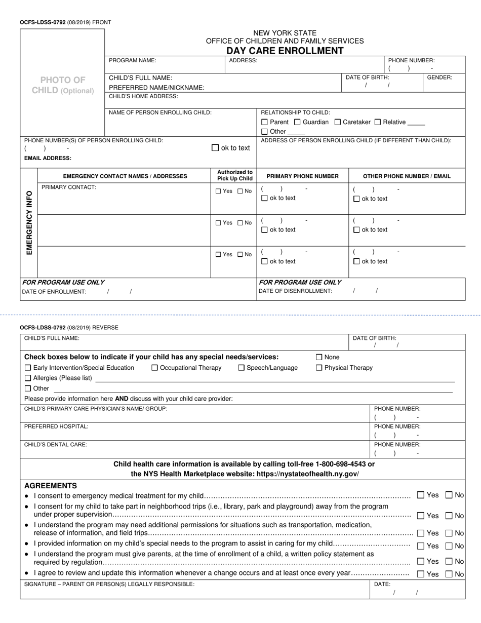 Form OCFS-LDSS-0792 Day Care Enrollment - New York, Page 1