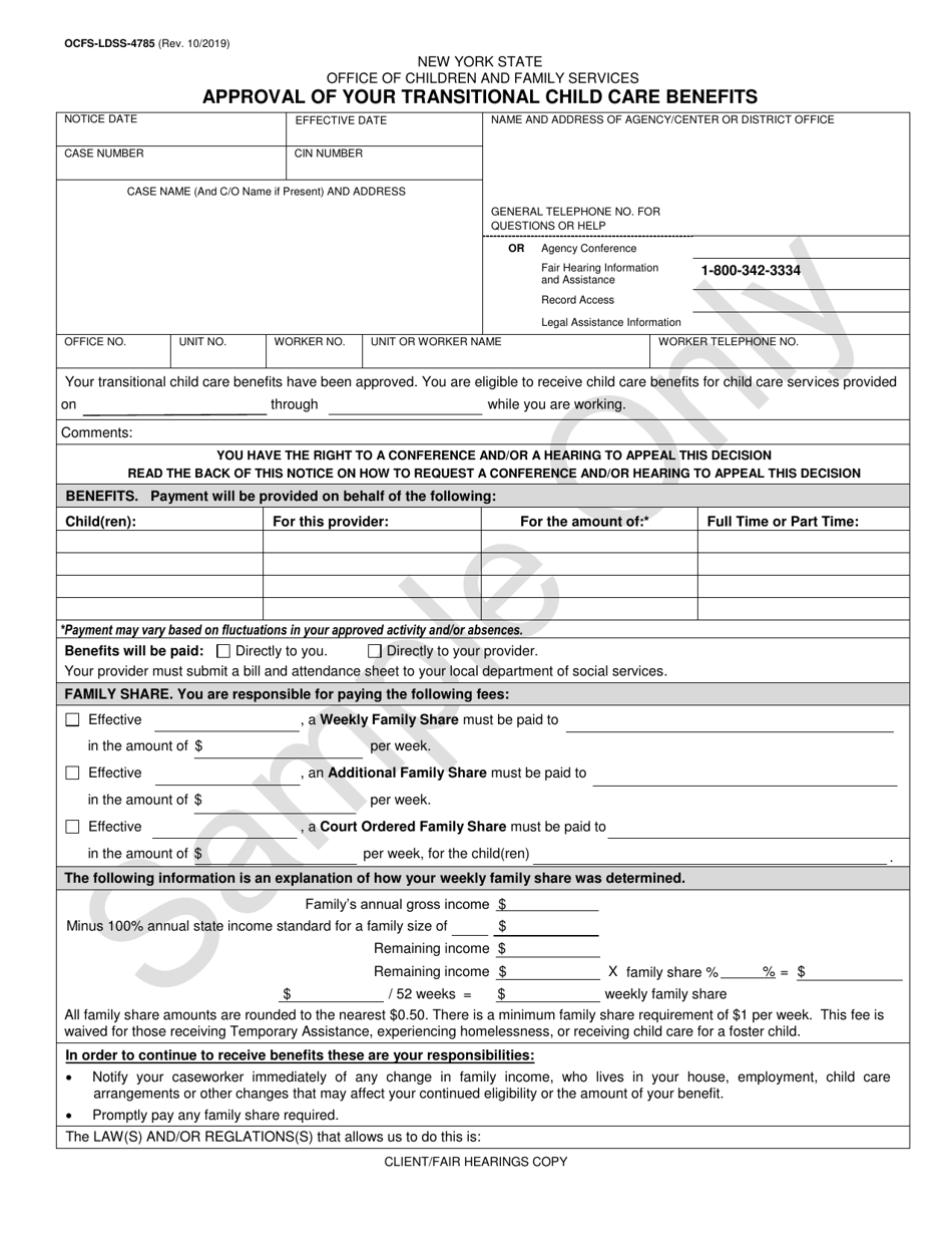 Sample Form OCFS-LDSS-4785 Approval of Your Transitional Child Care Benefits - New York, Page 1