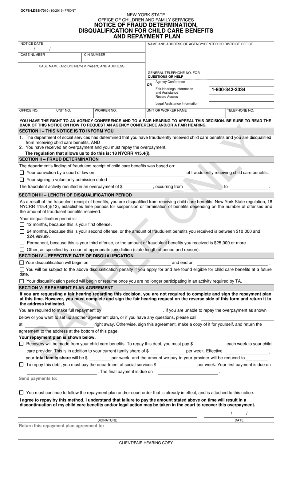 Sample Form OCFS-LDSS-7010 Notice of Fraud Determination, Disqualification for Child Care Benefits and Repayment Plan - New York, Page 1