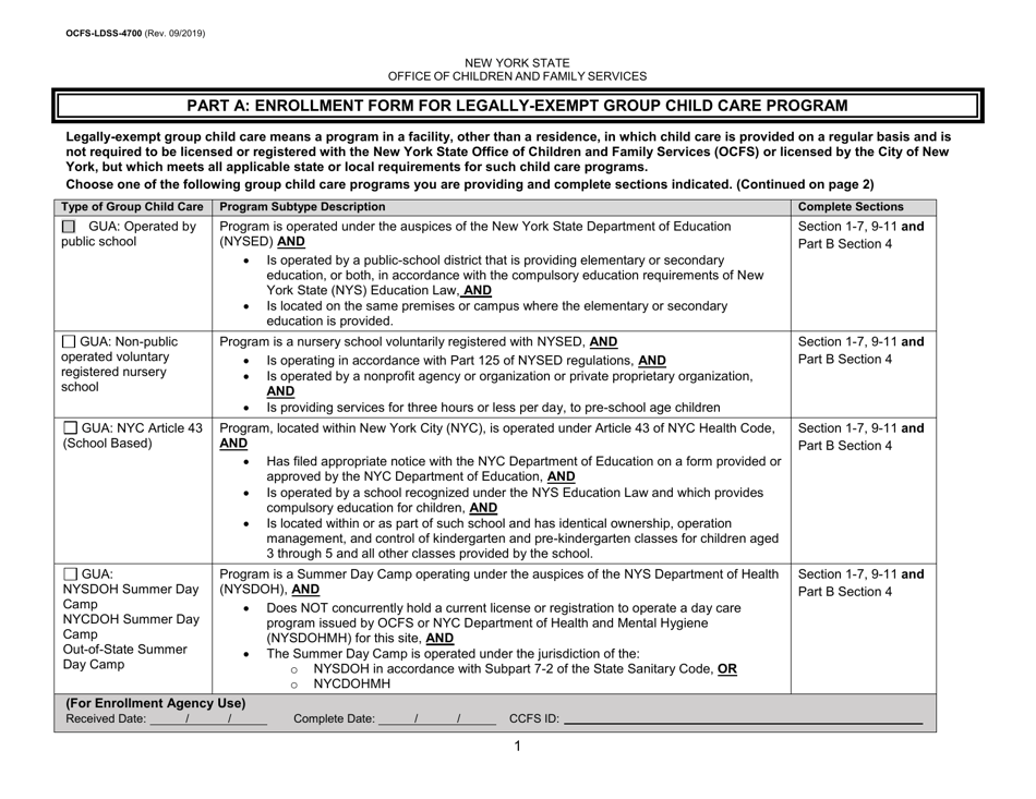 Form OCFS-LDSS-4700 Part A Enrollment Form for Legally-Exempt Group Child Care Program - New York, Page 1