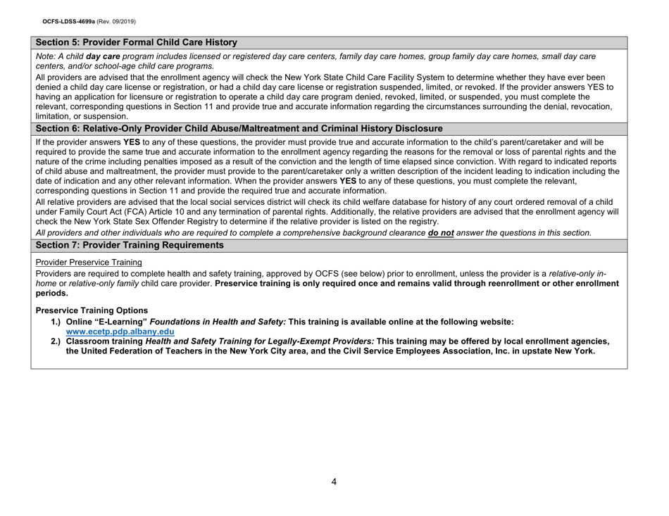 Instructions for Form OCFS-LDSS-4699 Enrollment Form for Provider of Legally-Exempt in-Home Child Care and Legally-Exempt Family Child Care - New York, Page 4