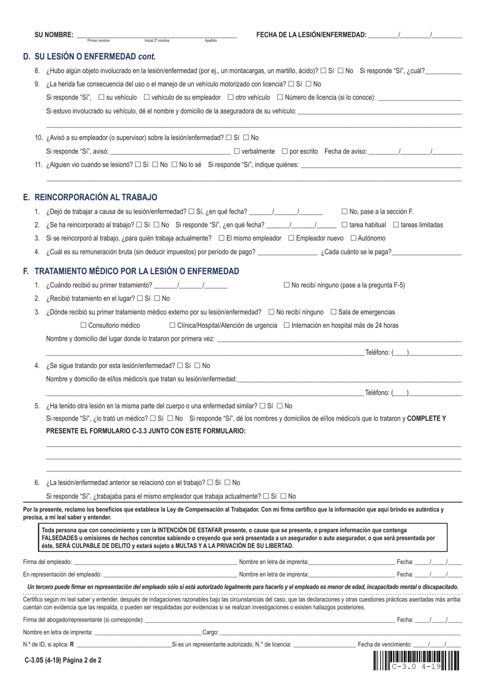 Formulario C-3 Reclamo Del Empleado - New York (Spanish), Page 2