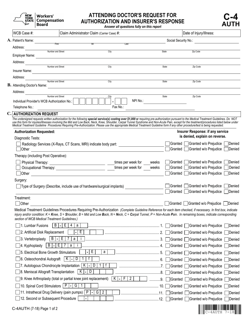 Form C-4 AUTH Attending Doctors Request for Authorization and Insurers Response - New York, Page 2