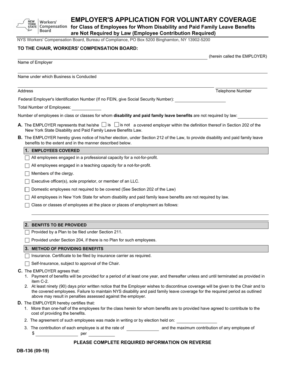 Form DB-136 Employers Application for Voluntary Coverage for Class of Employees for Whom Disability and Paid Family Leave Benefits Are Not Required by Law (Employee Contribution Required) - New York, Page 1