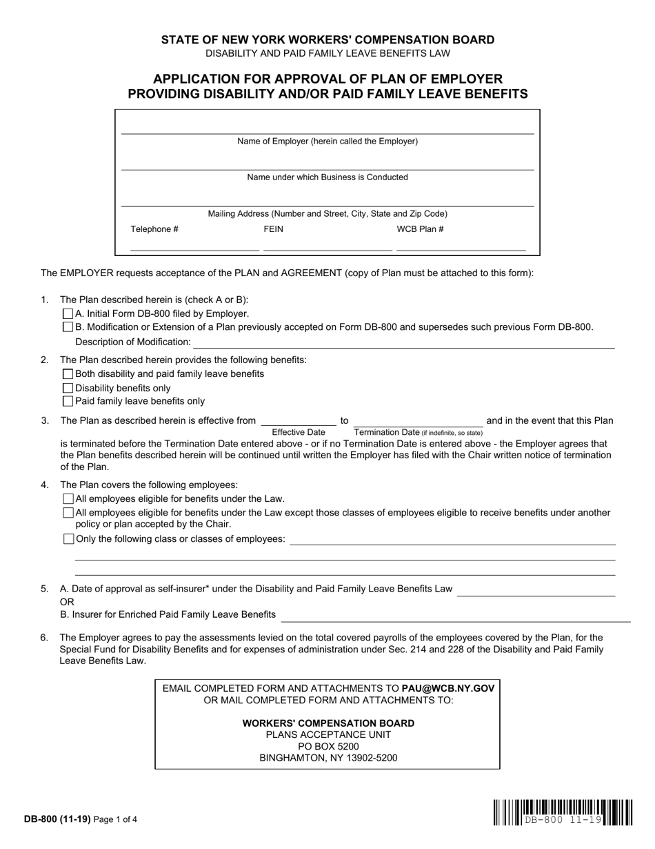 Form DB-800 Application for Approval of Plan of Employer Providing Disability and / or Paid Family Leave Benefits - New York, Page 1