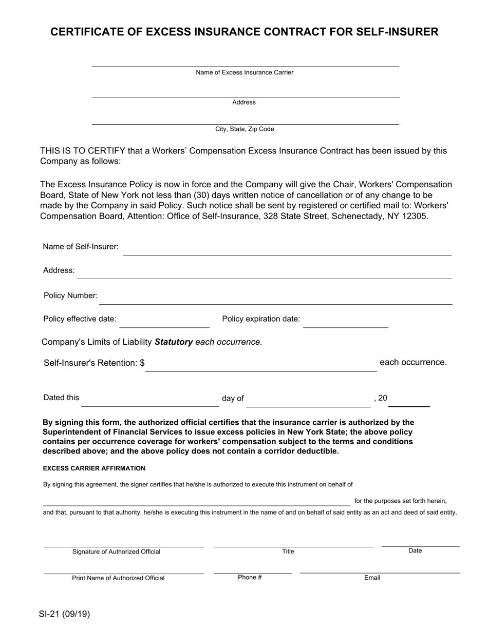 Form SI-21 Certificate of Excess Insurance Contract for Self-insurer - New York, Page 1