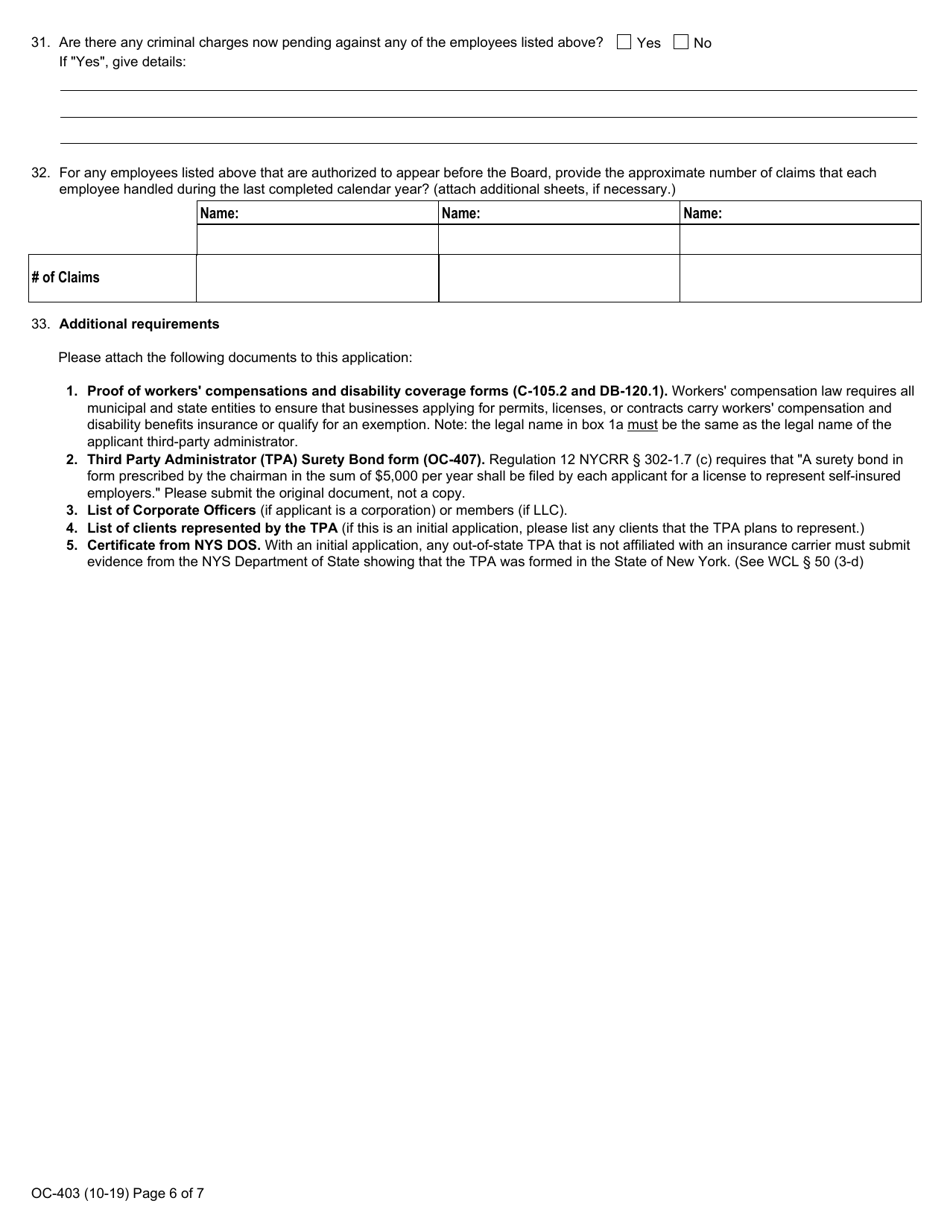 Form OC-403 Application for License to Appear on Behalf of, or Represent, Insurers and / or Self-insurers - New York, Page 6