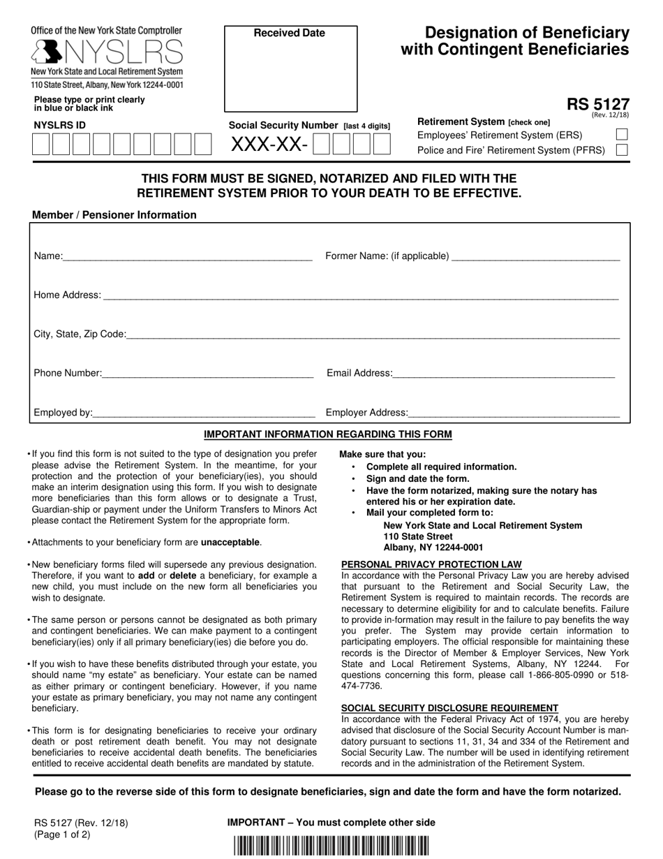Form RS5127 Designation of Beneficiary With Contingent Beneficiaries - New York, Page 1