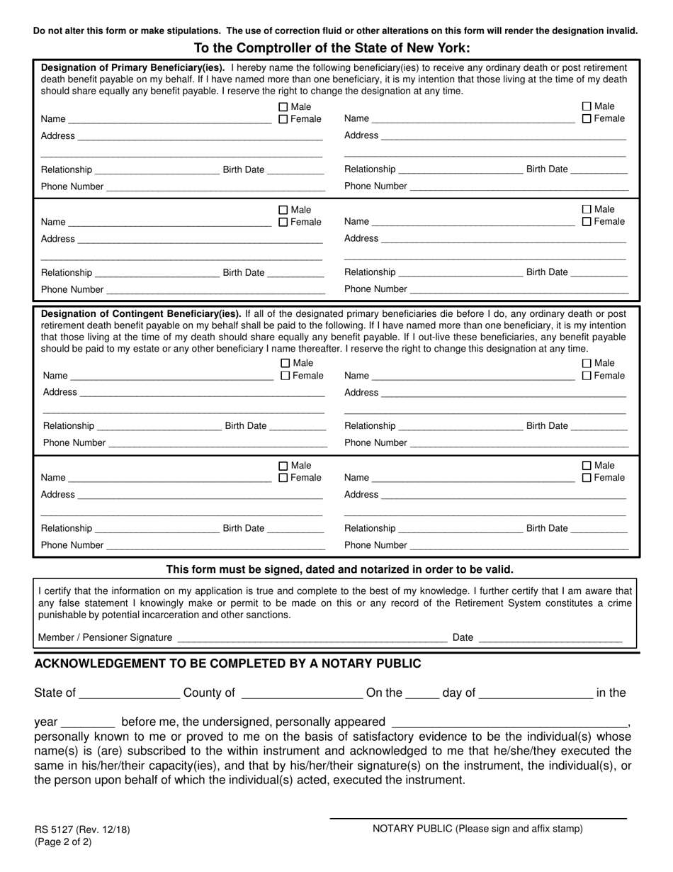 Form RS5127 Designation of Beneficiary With Contingent Beneficiaries - New York, Page 2