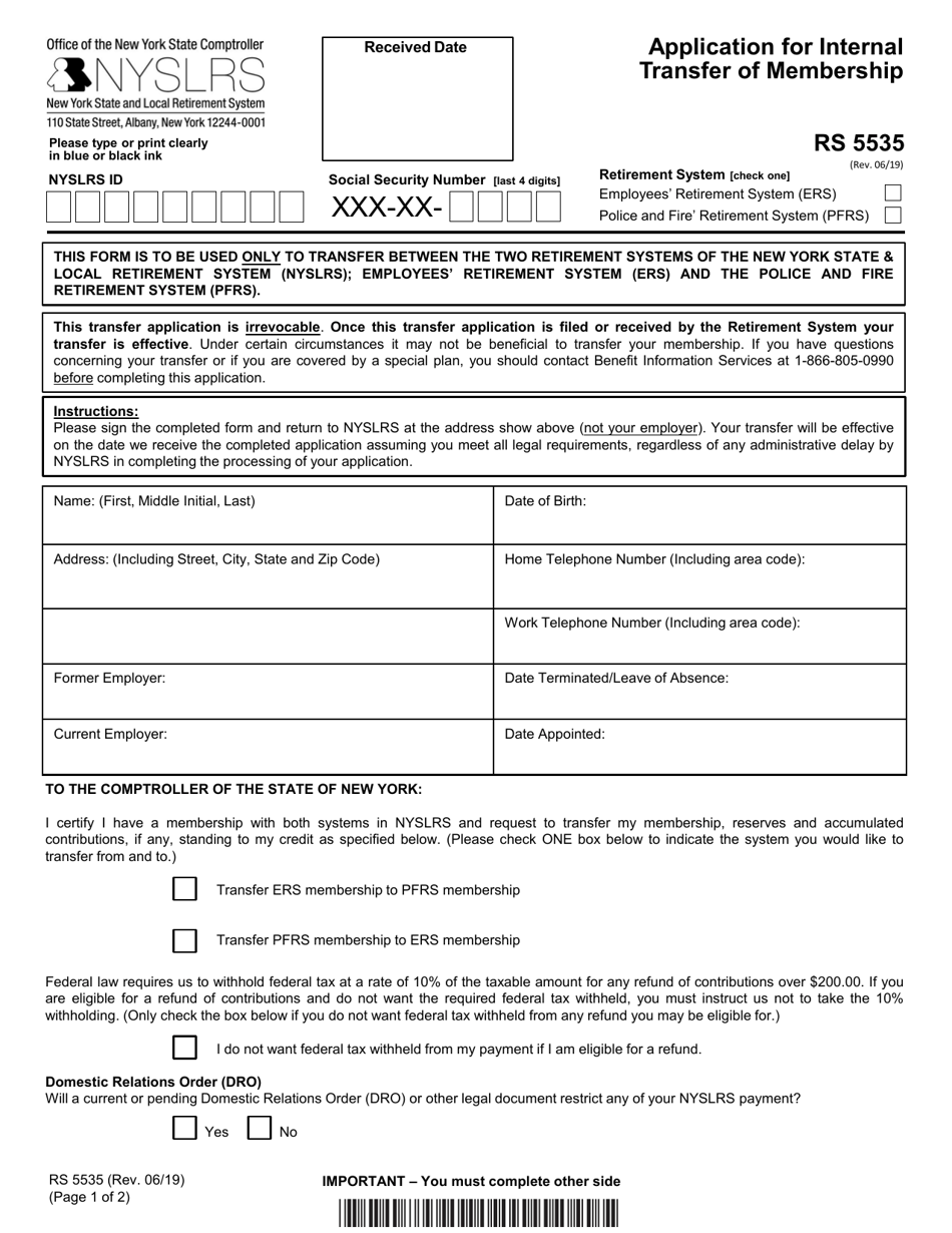 Form RS5535 Application for Internal Transfer of Membership - New York, Page 1