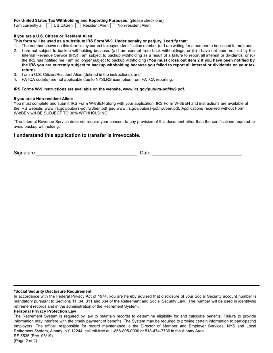 Form RS5535 Application for Internal Transfer of Membership - New York, Page 2