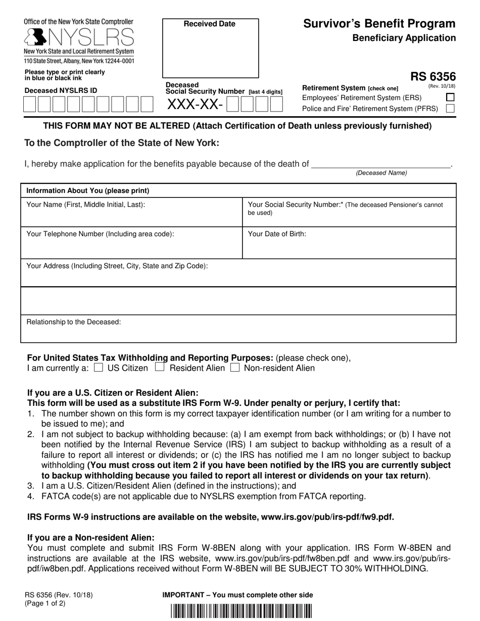 Form RS6356 Survivors Benefit Program Beneficiary Application - New York, Page 1