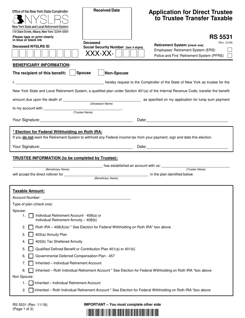 Form RS5531 Application for Direct Trustee to Trustee Transfer Taxable - New York, Page 1