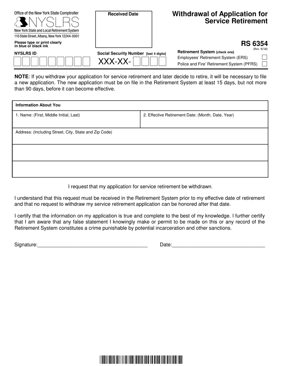 Form RS6354 Withdrawal of Application for Service Retirement - New York, Page 1