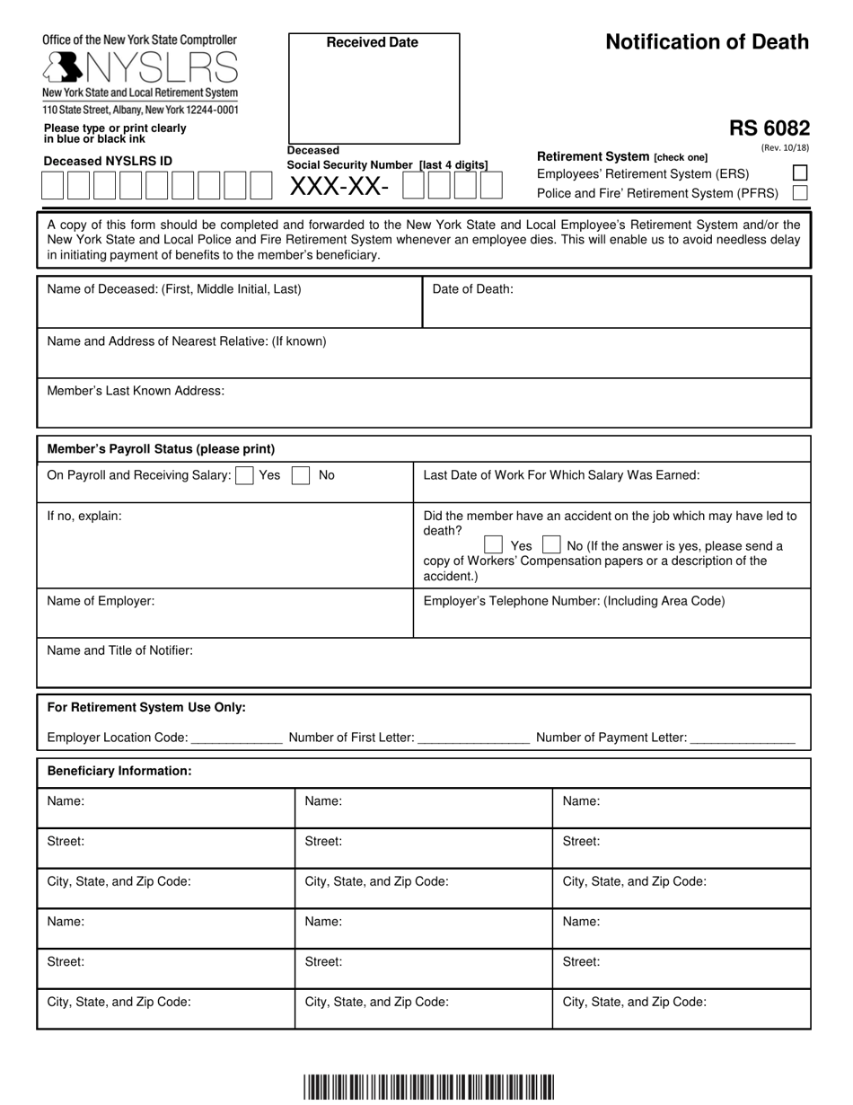 Form RS6082 Notification of Death - New York, Page 1