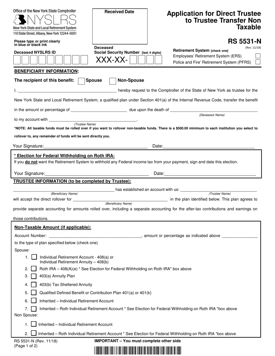 Form RS5531-N Application for Direct Trustee to Trustee Transfer Non Taxable - New York, Page 1