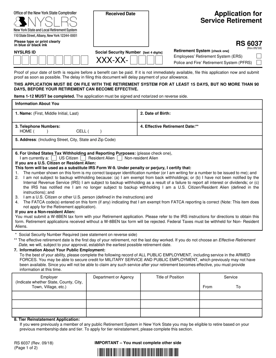 Form RS6037 Application for Service Retirement - New York, Page 1
