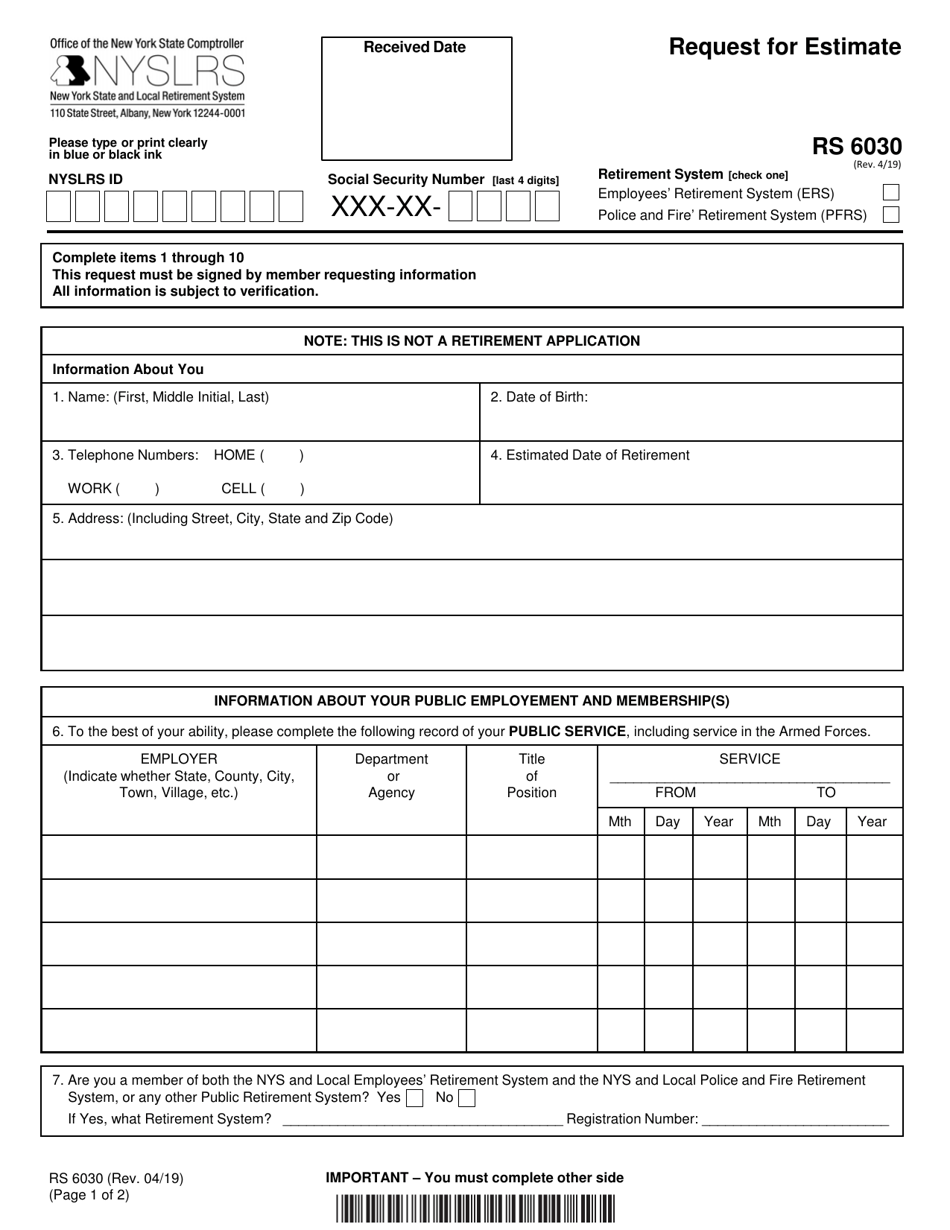 Form RS6030 Request for Estimate - New York, Page 1