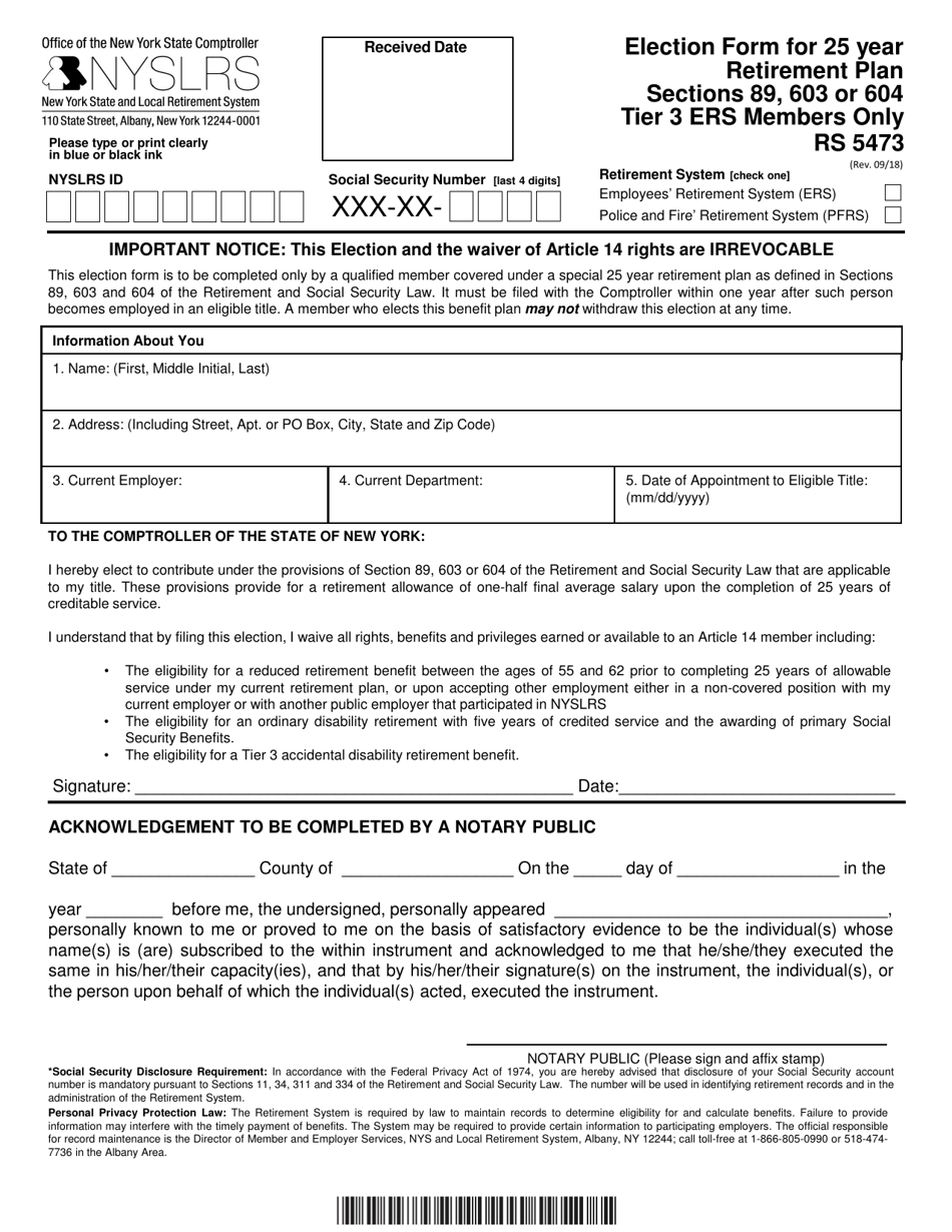 Form RS5473 Election Form for 25-year Retirement Plan for Ers Tier 3 Members (Sections 89, 603 and 604) - New York, Page 1