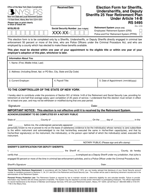 Form RS5495 Election Form for Sheriffs, Undersheriffs, and Deputy Sheriffs 25 Year Retirement Plan Under Article 14-b - New York
