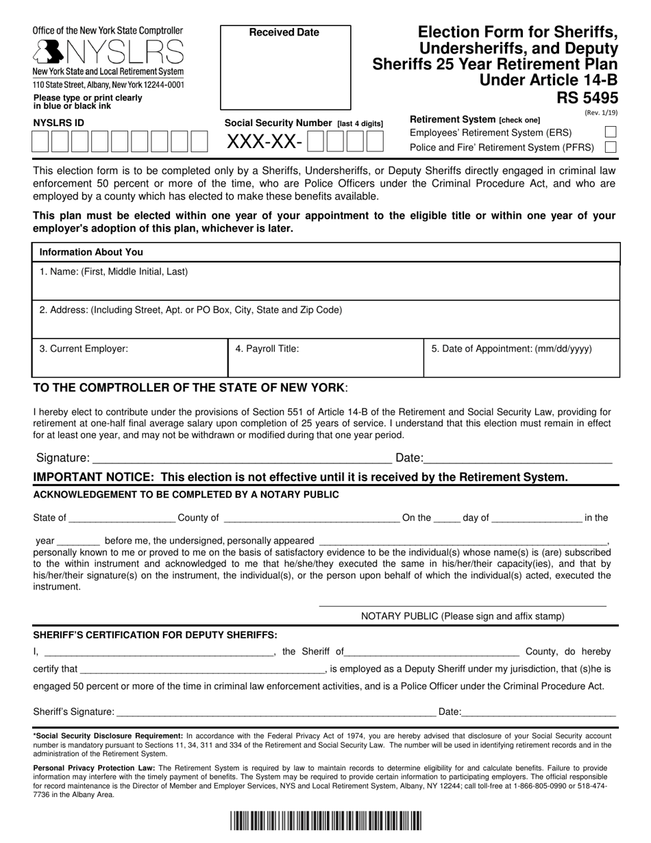 Form RS5495 Election Form for Sheriffs, Undersheriffs, and Deputy Sheriffs 25 Year Retirement Plan Under Article 14-b - New York, Page 1