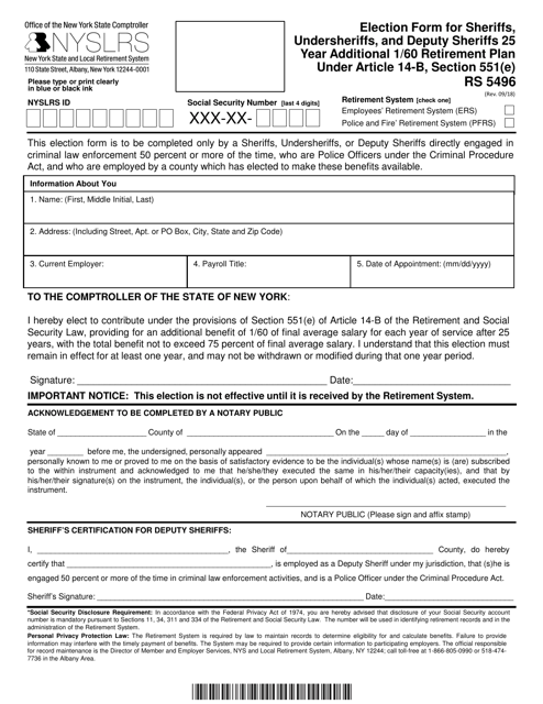 Form RS5496 Election Form for Sheriffs, Undersheriffs, and Deputy Sheriffs 25 Year Additional 1/60 Retirement Plan Under Article 14-b, Section 551(E) - New York