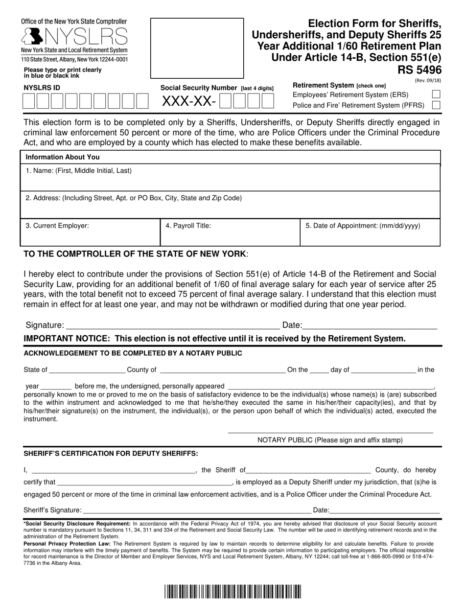 Form RS5496 Election Form for Sheriffs, Undersheriffs, and Deputy Sheriffs 25 Year Additional 1 / 60 Retirement Plan Under Article 14-b, Section 551(E) - New York, Page 1