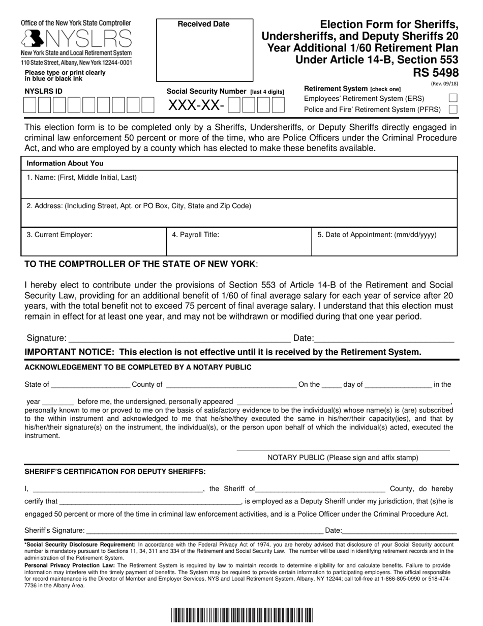Form RS5498 Election Form for Sheriffs, Undersheriffs, and Deputy Sheriffs 20 Year Additional 1 / 60 Retirement Plan Under Article 14-b, Section 553 - New York, Page 1