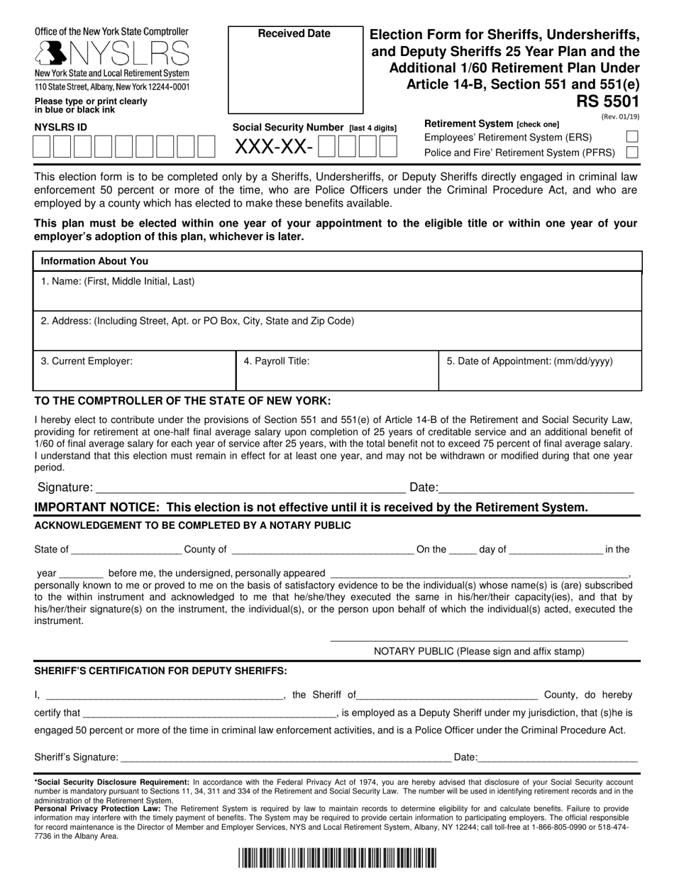 Form RS5501 Election Form for Sheriffs, Undersheriffs, and Deputy Sheriffs 25 Year Plan and the Additional 1 / 60 Retirement Plan Under Article 14-b, Section 551 and 551(E) - New York, Page 1