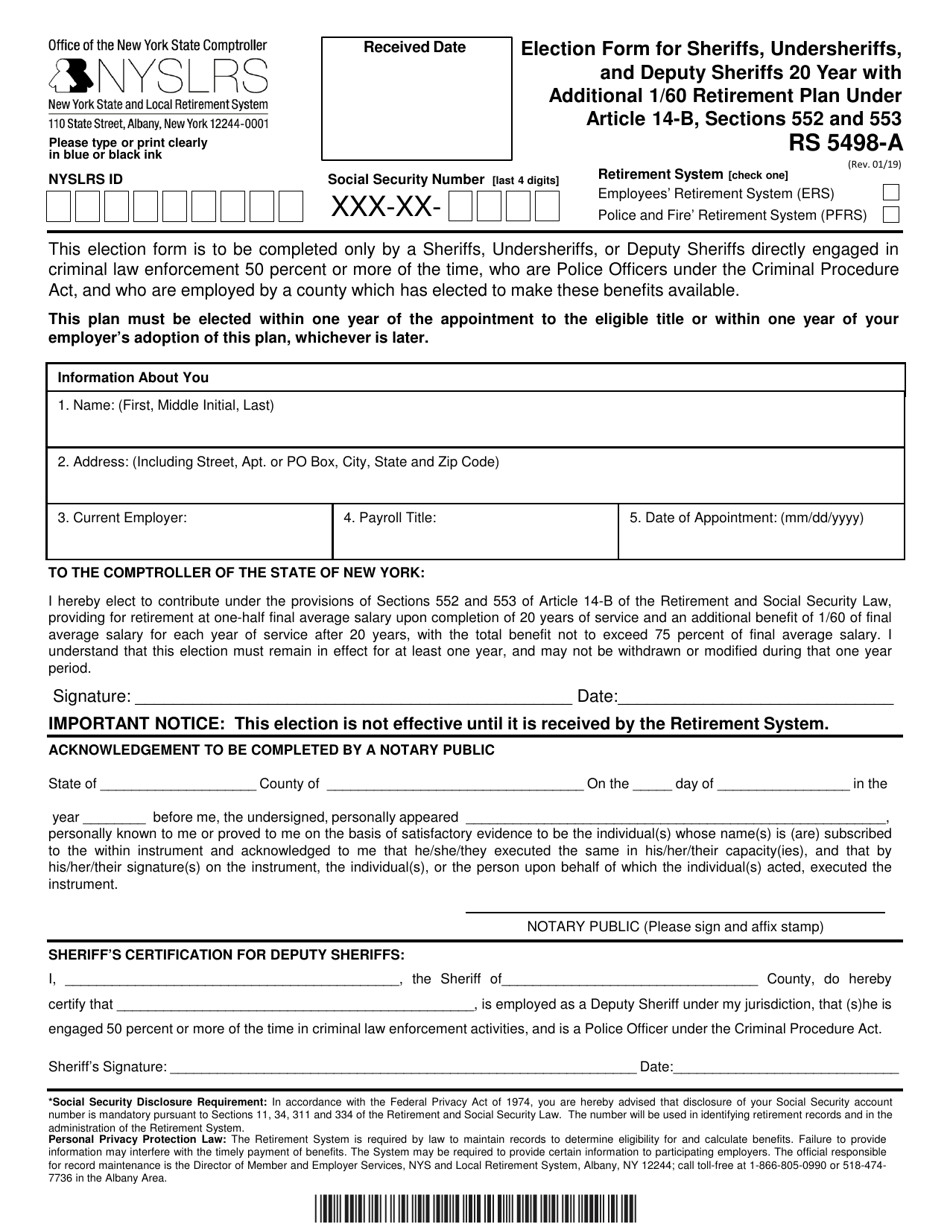 Form RS5498-A Election Form for Sheriffs, Undersheriffs, and Deputy Sheriffs 20 Year With Additional 1/60 Retirement Plan Under Article 14-b, Sections 552 and 553 - New York, Page 1